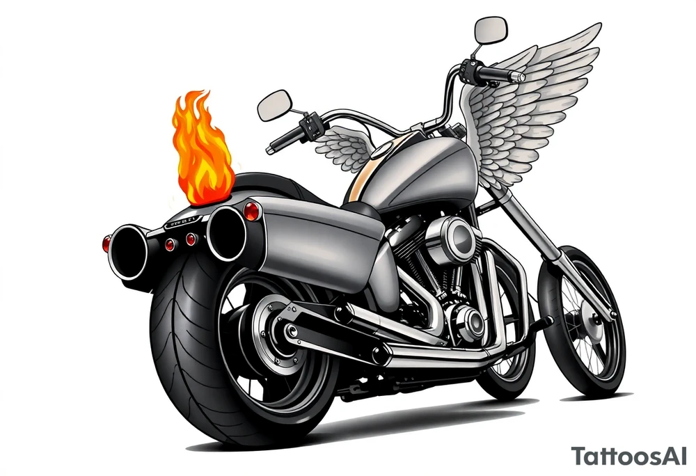 Low rider grey motorcycle, big muffler pipes with flames, angel wings, driving away, no person tattoo idea