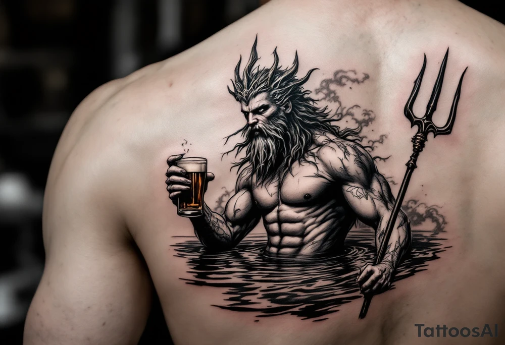 young, fit poseidon in calm water, holding a trident, holding a beer, looking at you tattoo idea