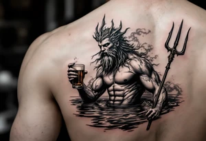 young, fit poseidon in calm water, holding a trident, holding a beer, looking at you tattoo idea