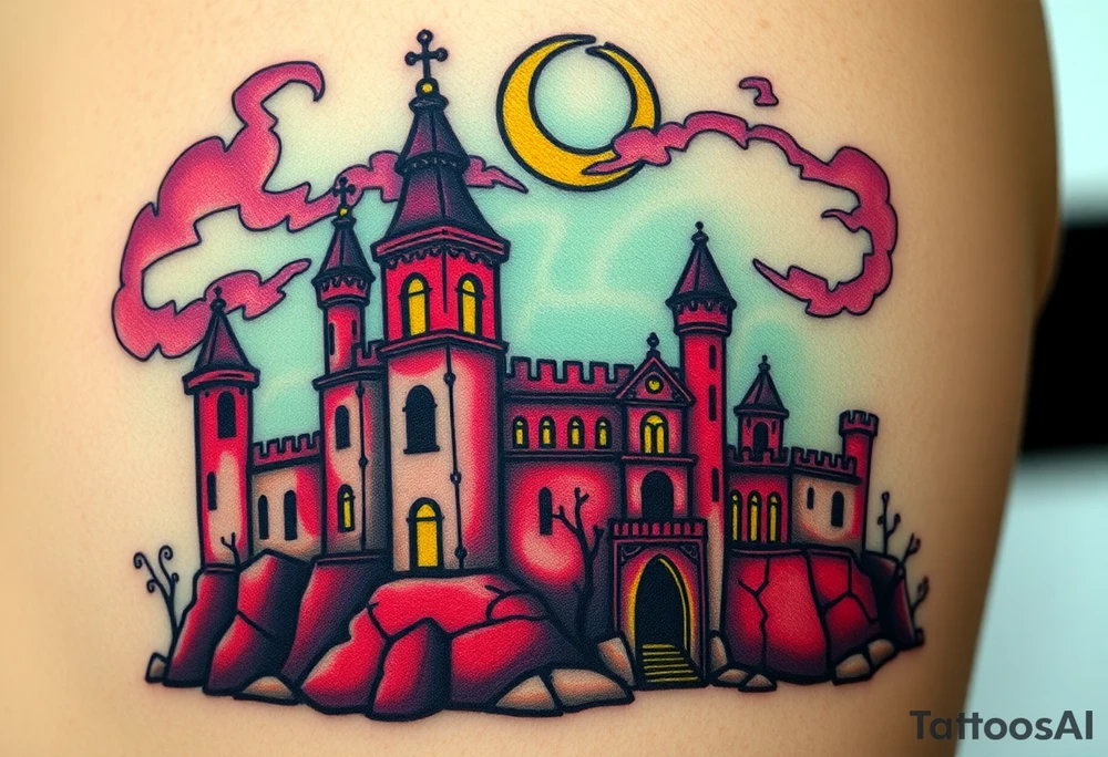 Tim Burton’s haunted Arabian castle is abandoned and dripping with muted reds, dusty pinks, and eerie green glow.purple and cyan smokey clouds swirl in the crescent moonlit sky thats sprinkled with stars tattoo idea tattoo idea