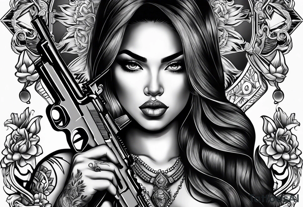 Chicano girl with pistol and smoking a joint tattoo idea