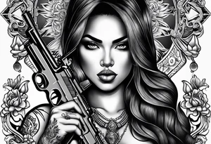 Chicano girl with pistol and smoking a joint tattoo idea