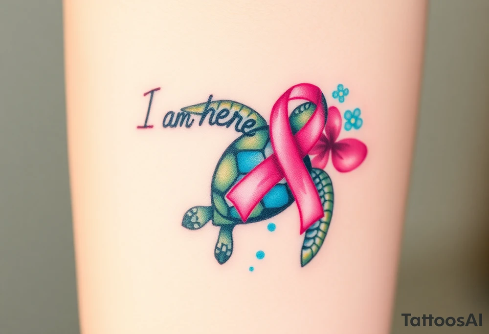 ‘I am here’ with breast cancer pink ribbon as I with Hawaiian theme sea turtle tattoo idea