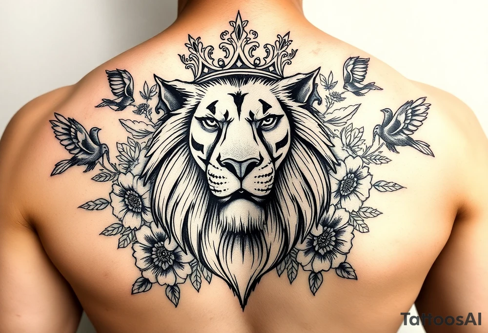 powerful majestic lion with a crown, surrounded by floral ornaments and birds tattoo idea