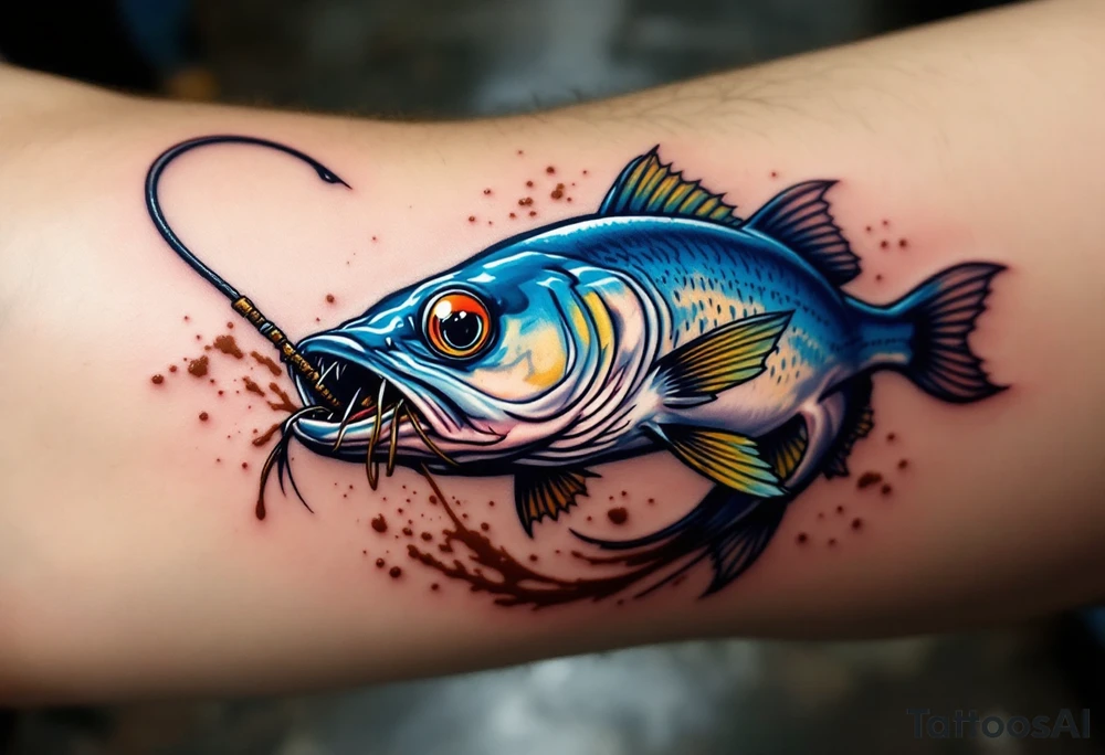 Catfish Catch Moment – A snapshot-style design of a realistic blue catfish just as it bites a rusted fishing hook, with splashes of muddy water and tension in the line—ideal for fishing enthusiasts. tattoo idea