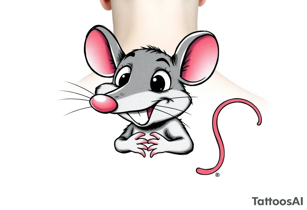 The image shows a cartoon rat with a long pointed nose, huge bulging eyes, and a cheeky, mischievous smile. The rat is grey with big pink ears and a thin pink tail visible on the right. Its little hands are held up close to its chest in a playful, sneaky pose. The expression makes the rat look funny, surprised, and a bit sly at the same time. tattoo idea