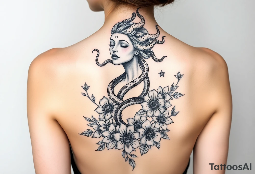 medusa  with snakes coming out of her head with flowers tattoo idea