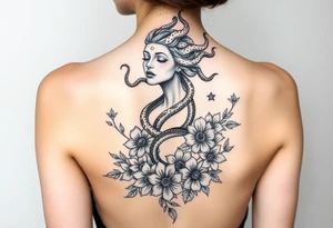 medusa  with snakes coming out of her head with flowers tattoo idea