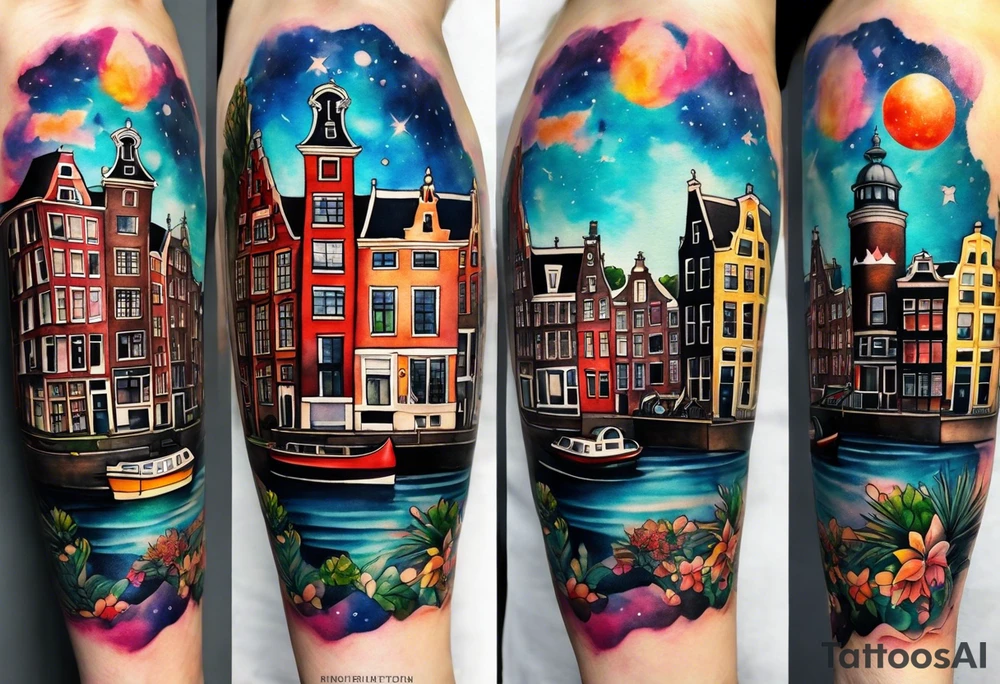 Watercolour style arm tattoo of Amsterdam houses and Amsterdam canal in space featuring wildlife, stag deer and pineapples at the bottom tattoo idea