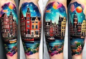 Watercolour style arm tattoo of Amsterdam houses and Amsterdam canal in space featuring wildlife, stag deer and pineapples at the bottom tattoo idea