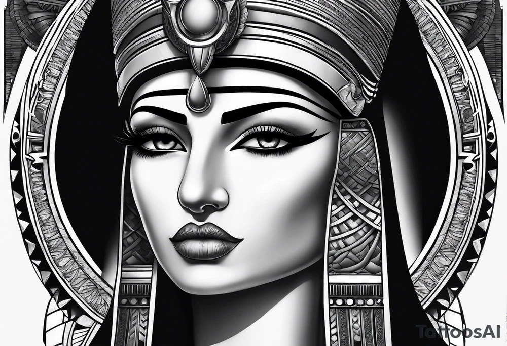 black and gray photo realistic goddess isis with minimal detail tattoo idea