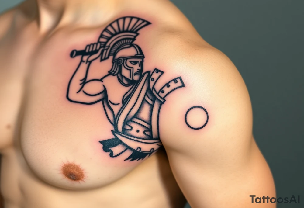 The Final Strike – A muscular gladiator mid-attack, his gladius raised high, slicing through an opponent’s shield. His bronze helmet reflects the sun, while his battle-worn leather armor is covered in dust and sweat. tattoo idea