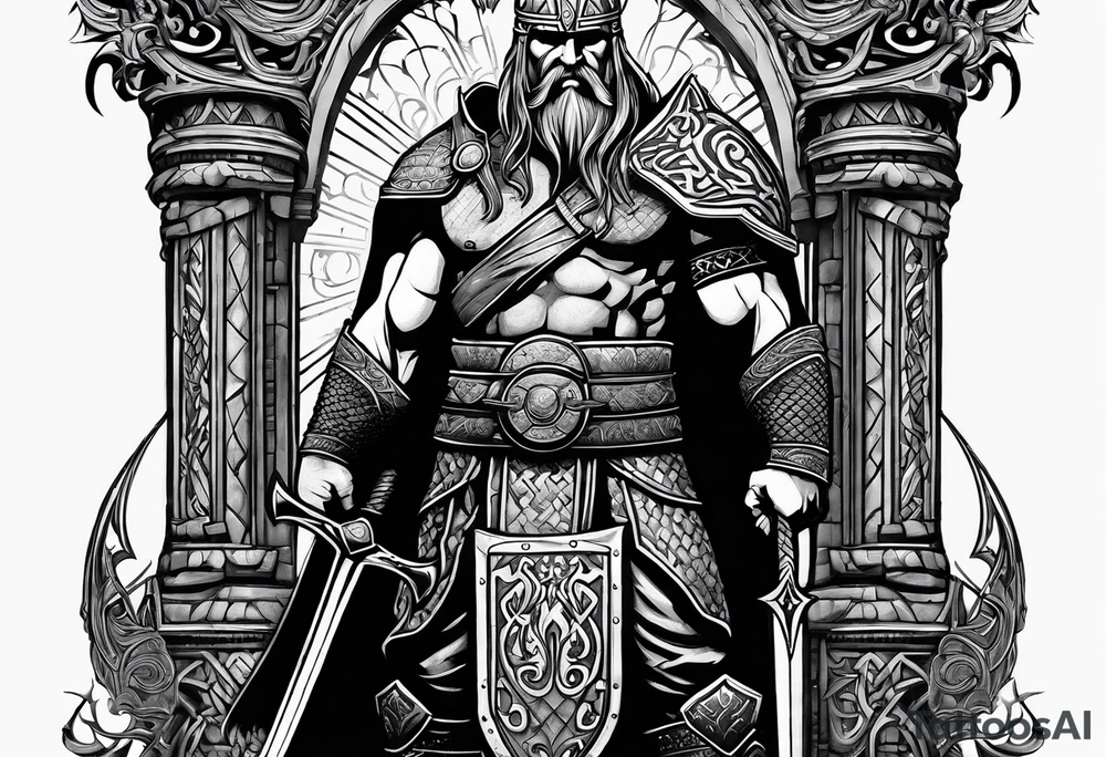 A Viking standing in front of the gate to the valhalla. tattoo idea