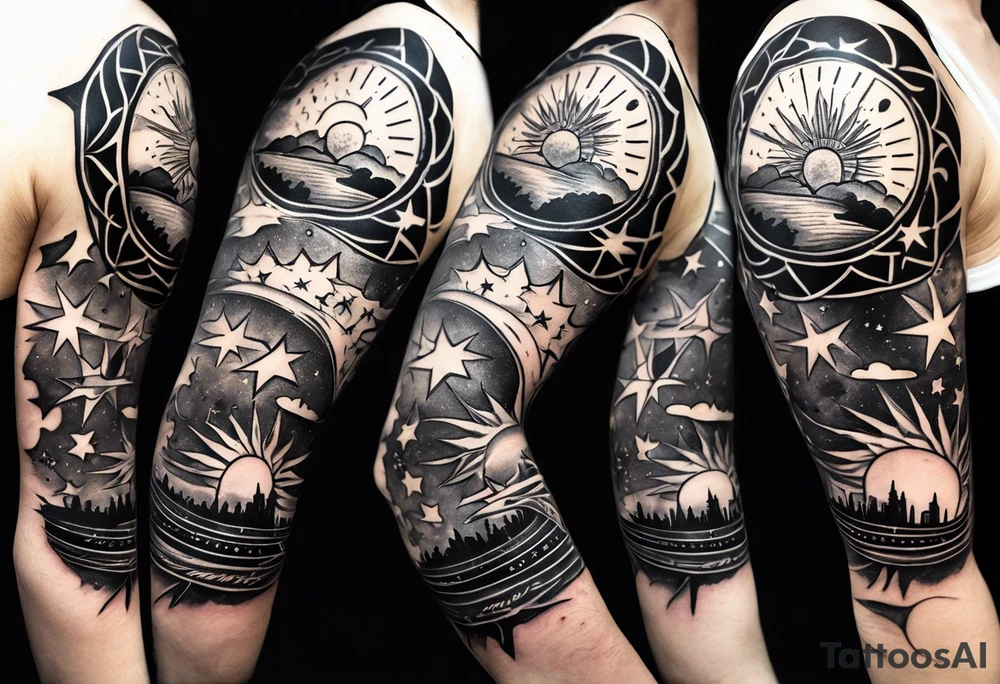 Collage for full left arm sleeve with:
a sun with a quarter moon, 
2 stars,
bass guitar, 
caduceus symbol tattoo idea