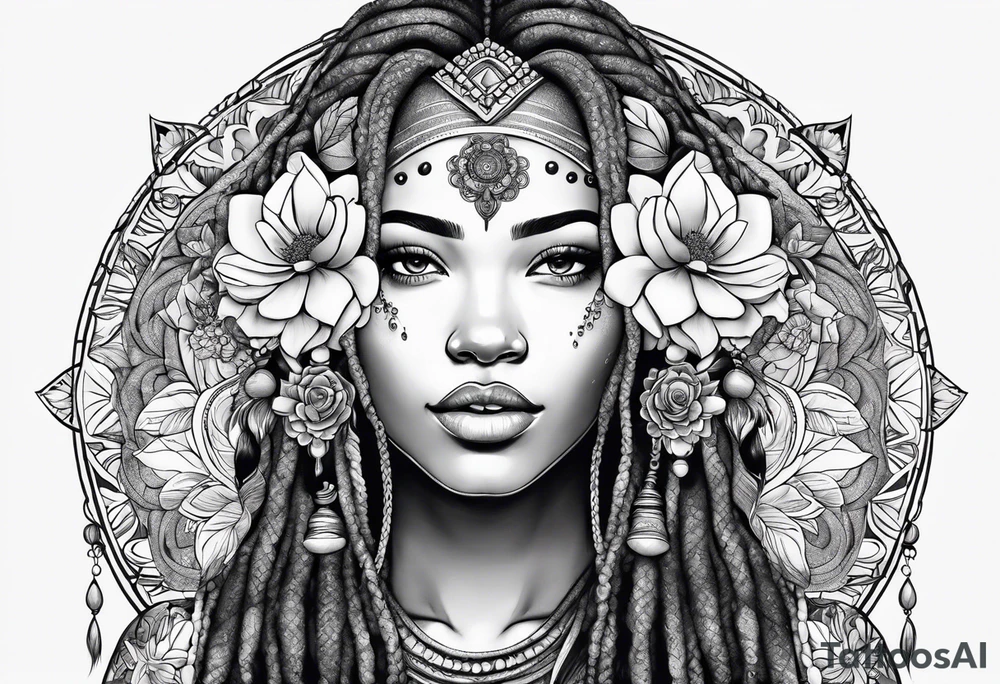 Woman with dreadlocks and flowers in mandala tattoo idea