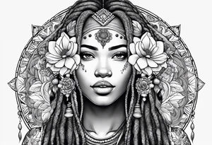 Woman with dreadlocks and flowers in mandala tattoo idea