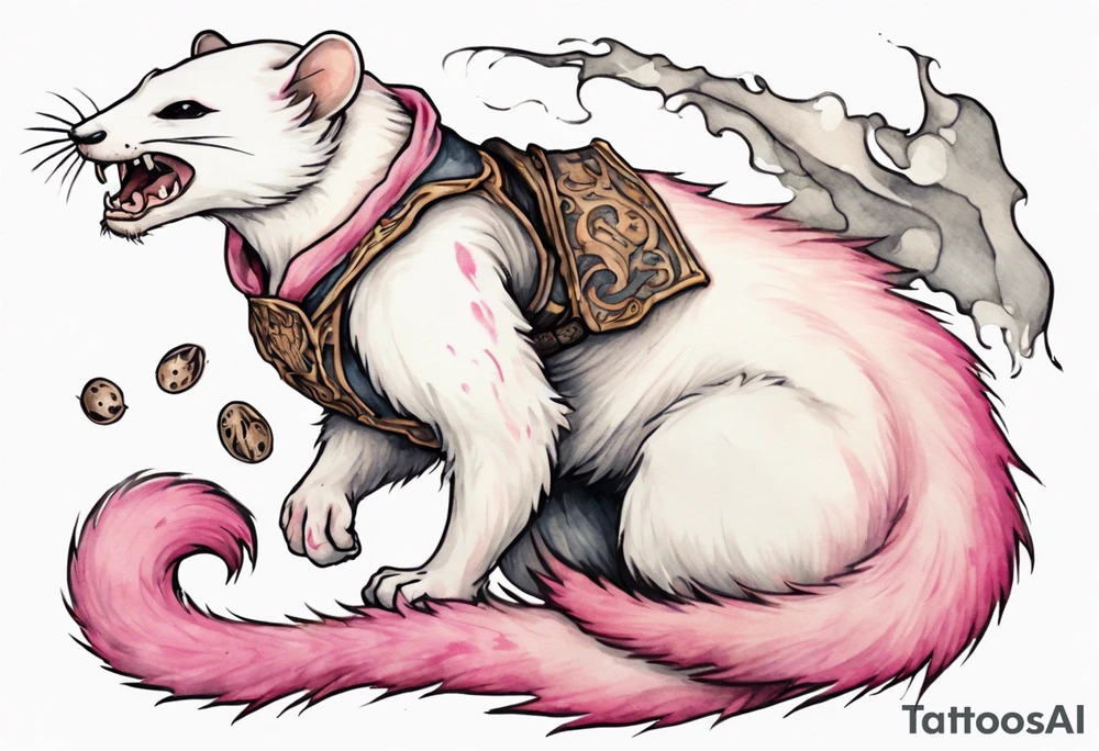 an ermine with pink fur attacking an angry medieval man tattoo idea