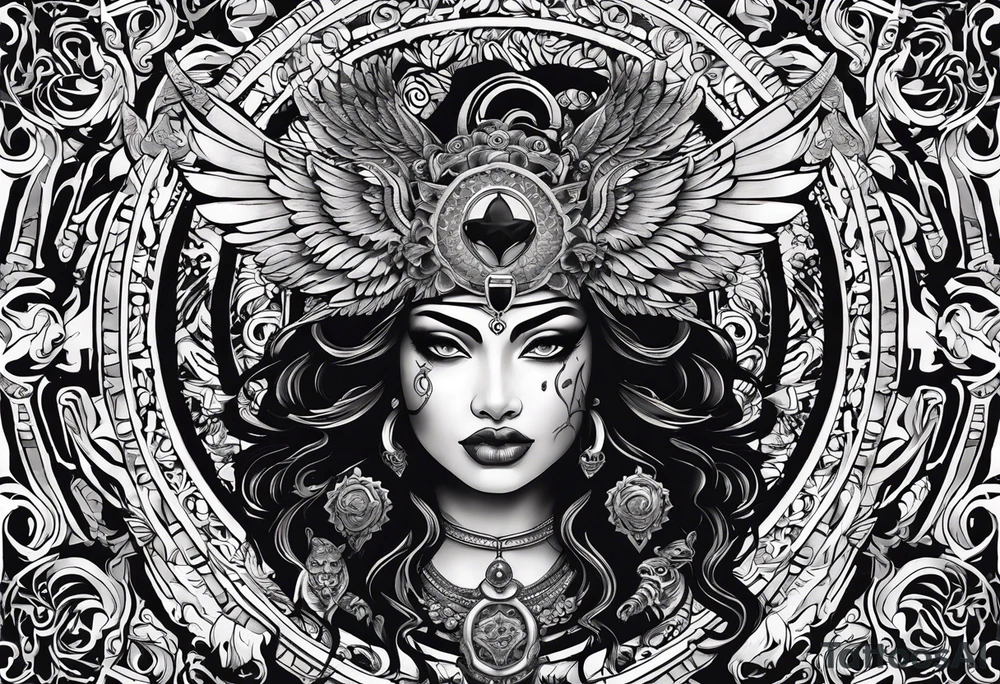 black kali, goddess pirate, alien, angel, pachamama, valkrye, warrior, flying, skull, lotus azul, wing, eagle, zenza resonance, stars, 5D, anahata chakra, death, durga, riding on a tiger, flying lady, kundalini, chest tatoo, samuri, rebel tattoo idea