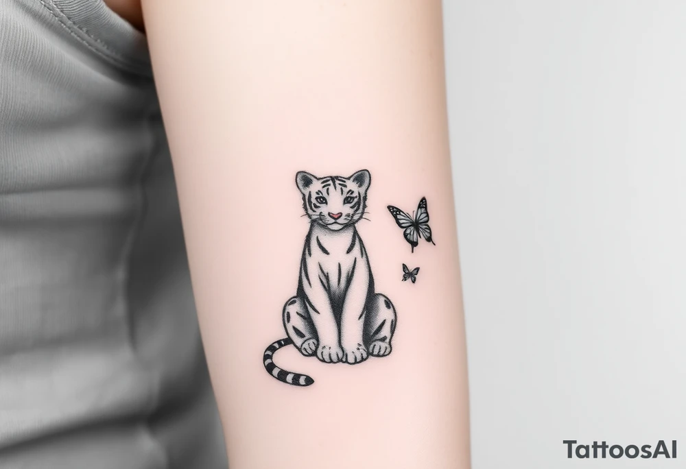Tiger cub sitting down with paw up and on the paw is sitting a butterfly and there’s two butterflies on each side tattoo idea
