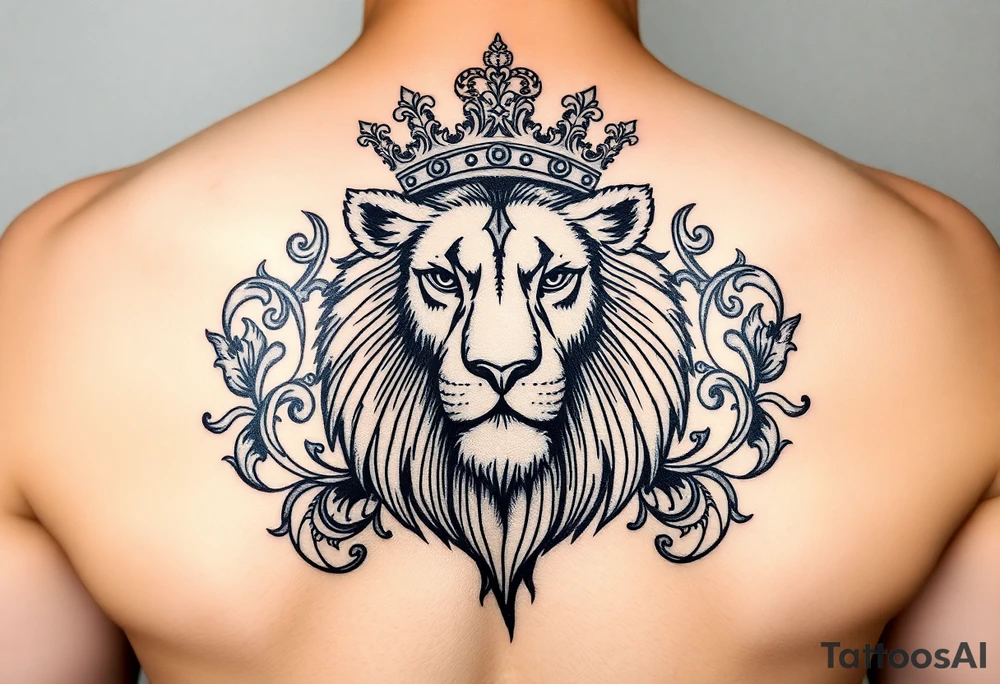 majestic lion wearing ornate crown, surrounded by baroque flourishes tattoo idea