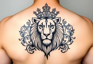 majestic lion wearing ornate crown, surrounded by baroque flourishes tattoo idea