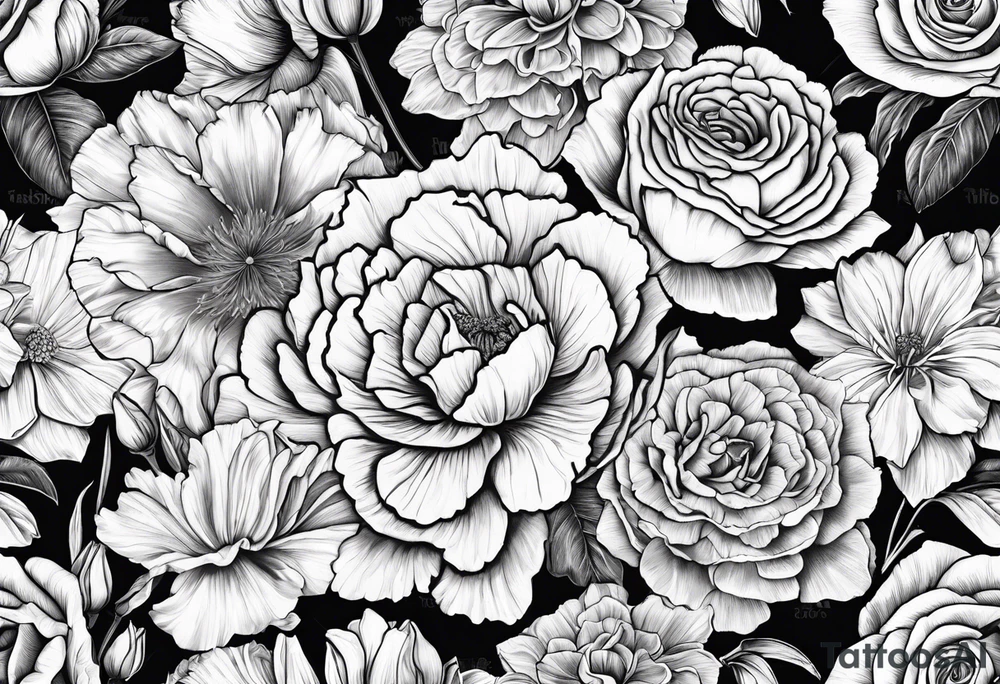 Carnation,rose,daffodil,waterlilly,gladiolus,morning glory,marigold,holly,daisy tattoo idea