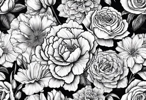 Carnation,rose,daffodil,waterlilly,gladiolus,morning glory,marigold,holly,daisy tattoo idea