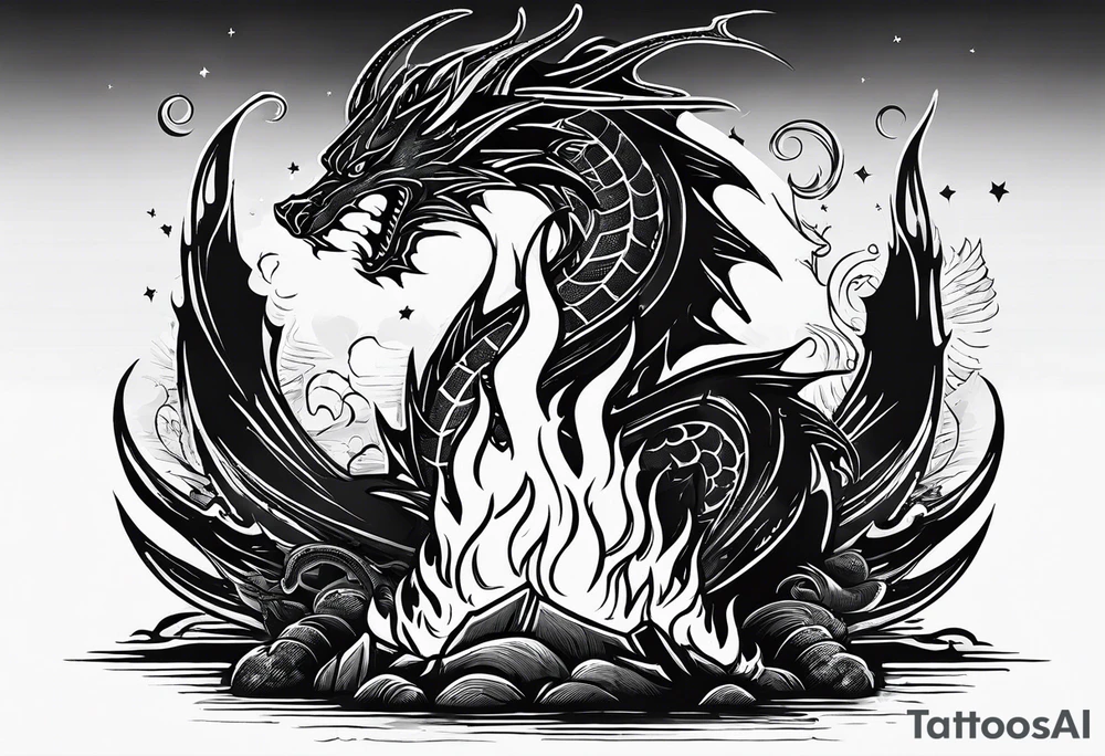 Campfire with a flame. The flame transforming into a dragon. Also the fire writes 'may death find you alive'. tattoo idea