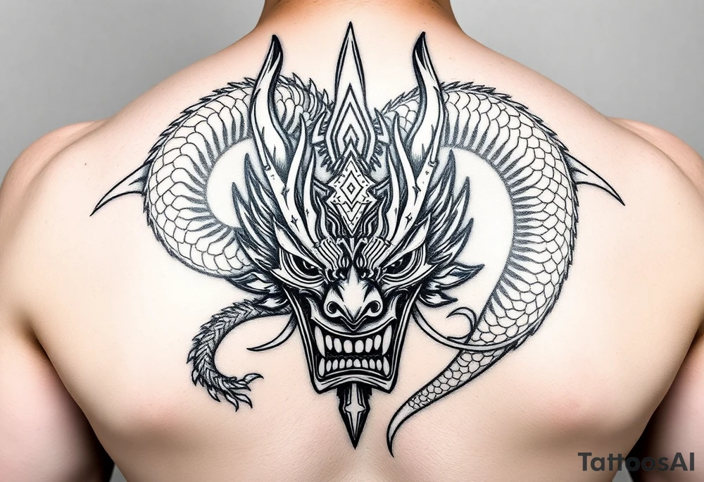 Divine dragon wrapped around a evil oni mask tattoo idea