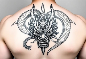 Divine dragon wrapped around a evil oni mask tattoo idea