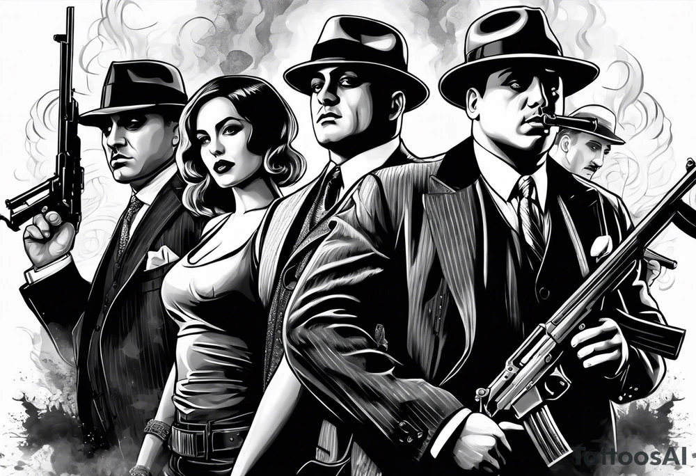group of gangsters including Al Capone and bonnie and Clyde with machine guns surrounded by smoke and fire tattoo idea