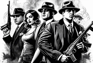 group of gangsters including Al Capone and bonnie and Clyde with machine guns surrounded by smoke and fire tattoo idea