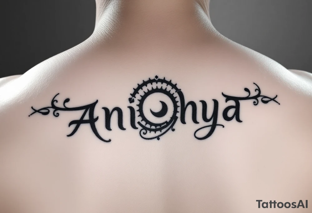 Create a tattoo that writes the Hindi word "Anichya" with A circle or spiral, which represents the cyclical nature of life and death tattoo idea