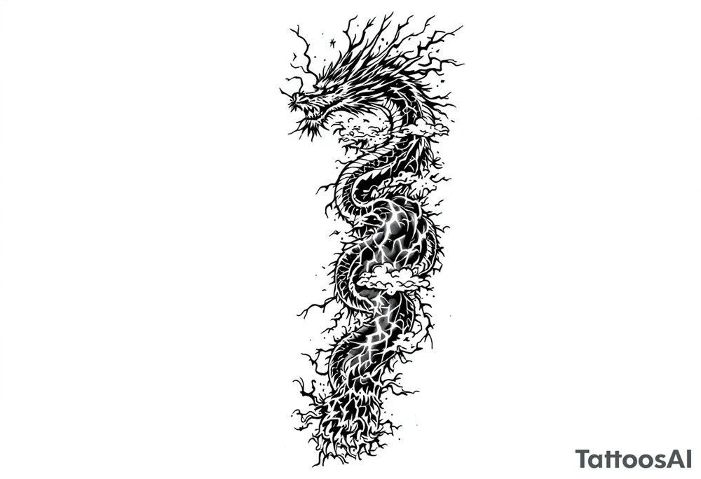 storm clouds and lightning mixed throughout, eastern dragon wrapping around the arm with head at the inside wrist, tattoo idea