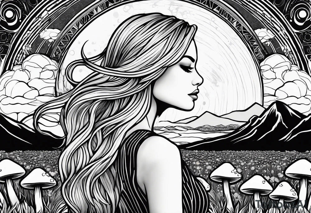 Straight blonde hair girl facing away toward mountains surrounded by mushrooms crescent moon mandala circular design black and white striped dress tattoo idea