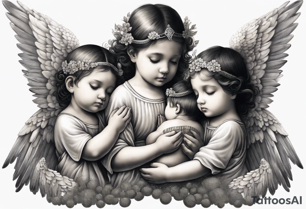 Six angels praying together. The two boy angels are on either side of the three girl angel, with their wings gently enfolding a baby angel in a protective embrace tattoo idea