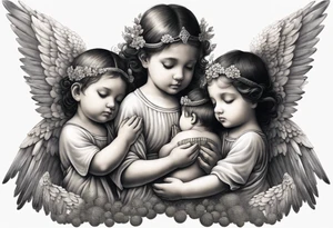 Six angels praying together. The two boy angels are on either side of the three girl angel, with their wings gently enfolding a baby angel in a protective embrace tattoo idea