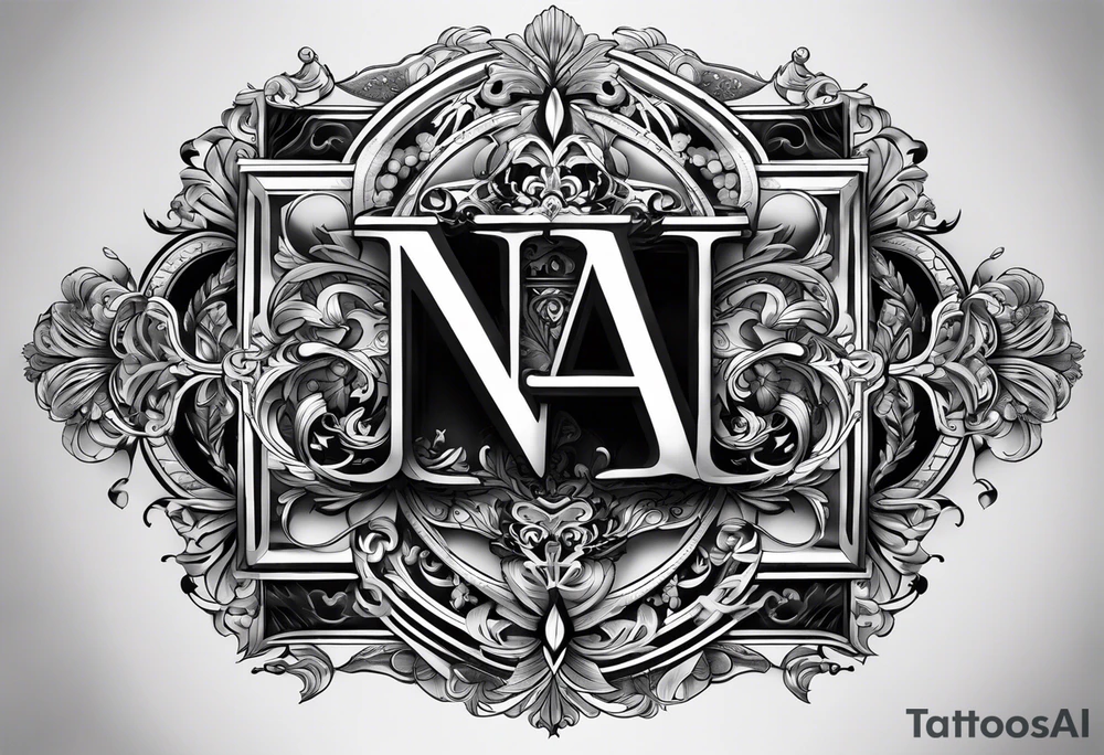 The initials N.A.J.E. in edwardian script surrounded by symmetrical smoke and intricate design tattoo idea