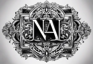 The initials N.A.J.E. in edwardian script surrounded by symmetrical smoke and intricate design tattoo idea