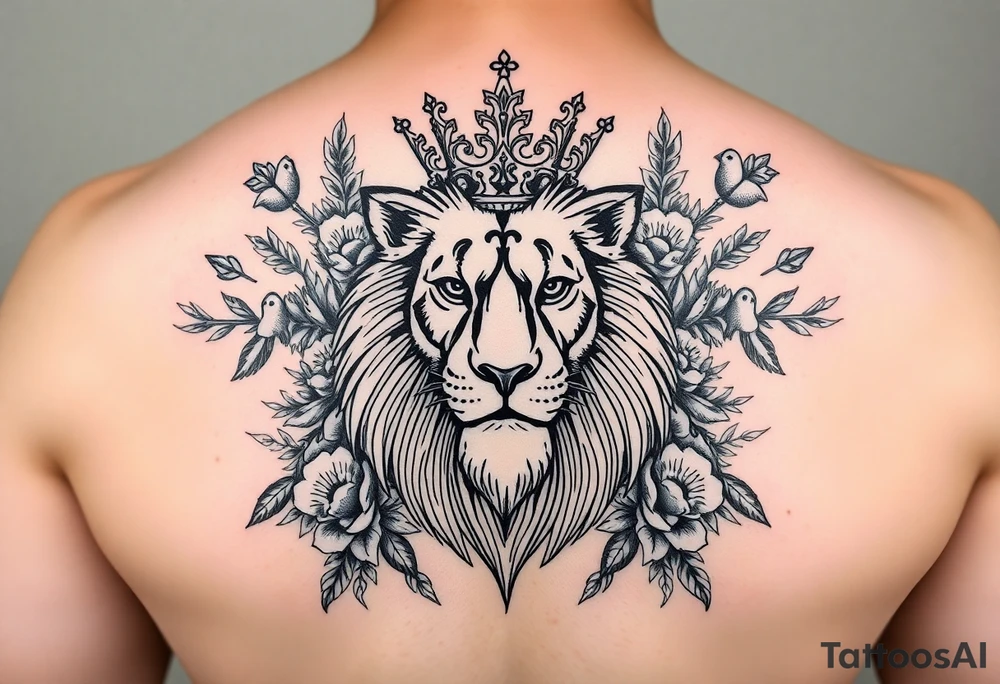 powerful majestic lion with a crown, surrounded by floral ornaments and birds tattoo idea