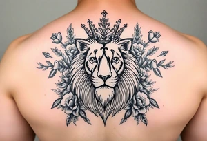 powerful majestic lion with a crown, surrounded by floral ornaments and birds tattoo idea