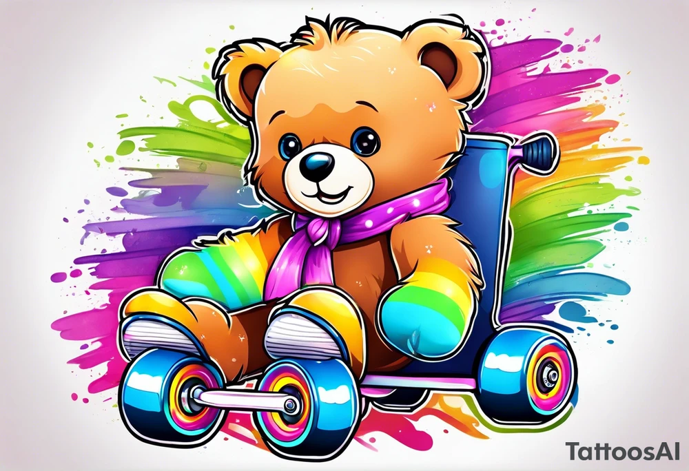 a teddy bear, wearing cute, pastel rainbow roller skates tattoo idea