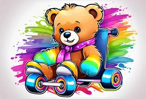 a teddy bear, wearing cute, pastel rainbow roller skates tattoo idea