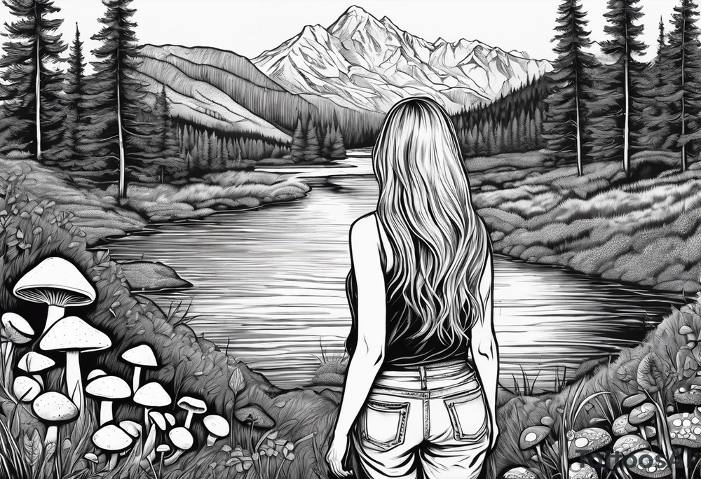 Straight long blonde hair hippie girl in distance holding mushrooms in hand facing away toward mountains and creek surrounded by mushrooms tee shirt hiking pants

Circular picture tattoo idea