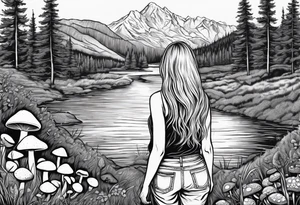 Straight long blonde hair hippie girl in distance holding mushrooms in hand facing away toward mountains and creek surrounded by mushrooms tee shirt hiking pants

Circular picture tattoo idea