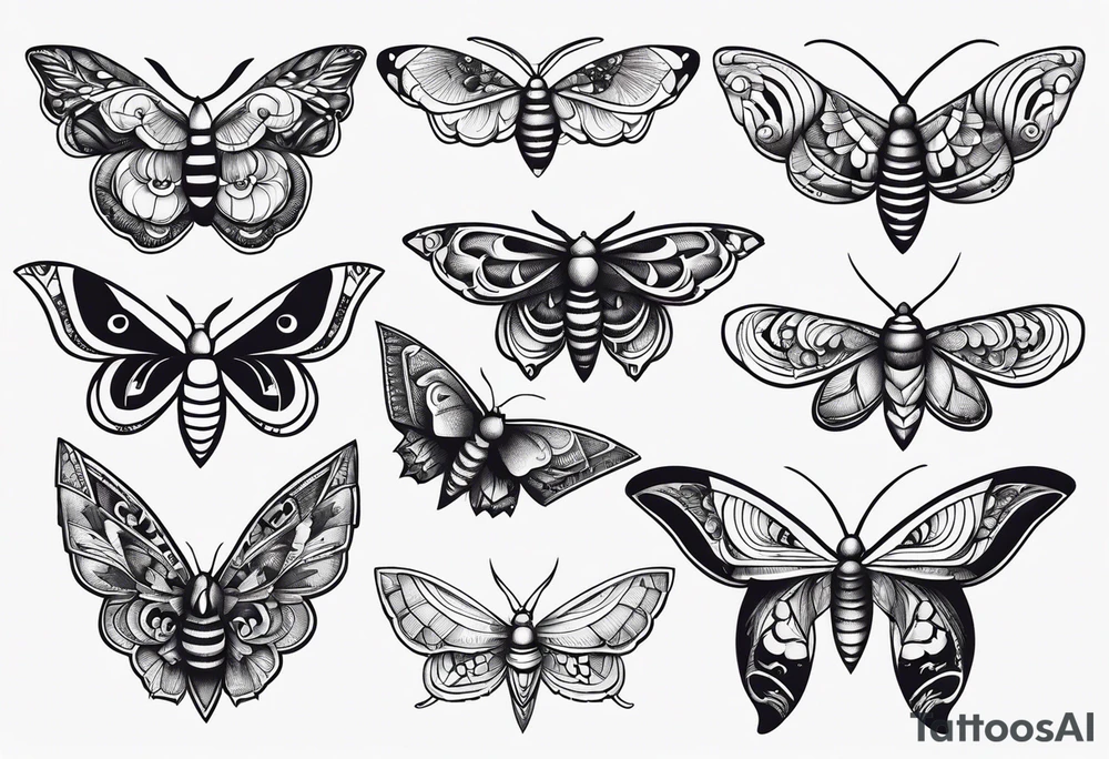 Variety of moths style flash sheet tattoo idea