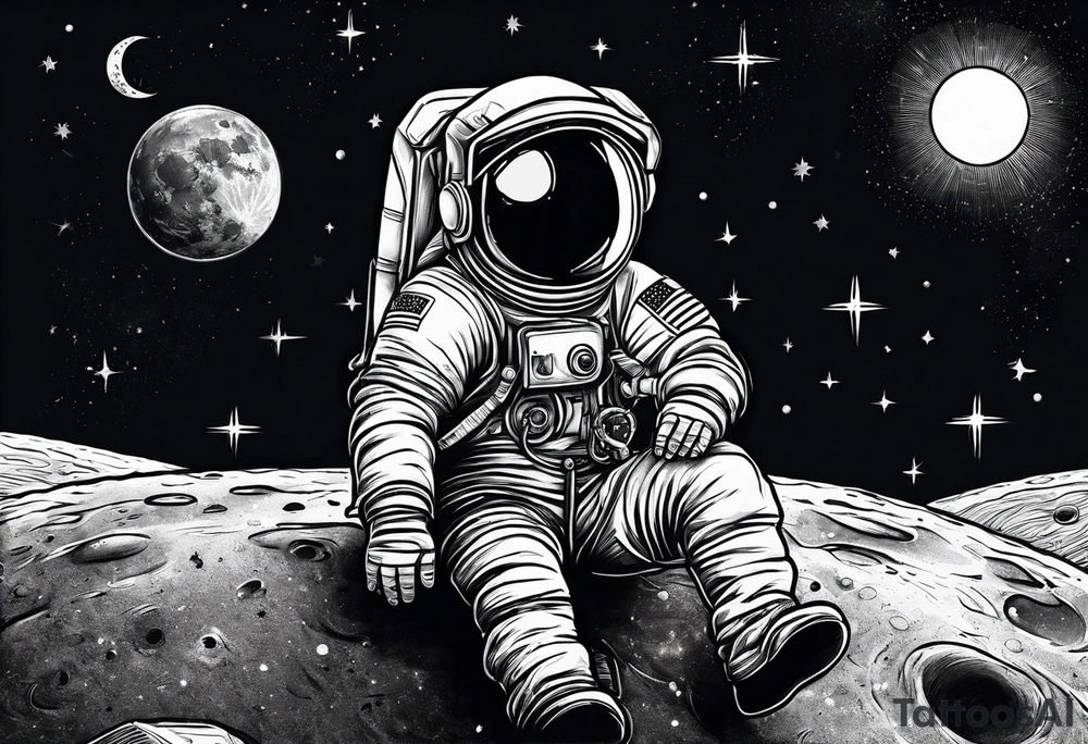 Kid Astronaut sitting on the moon reaching for the stars tattoo idea