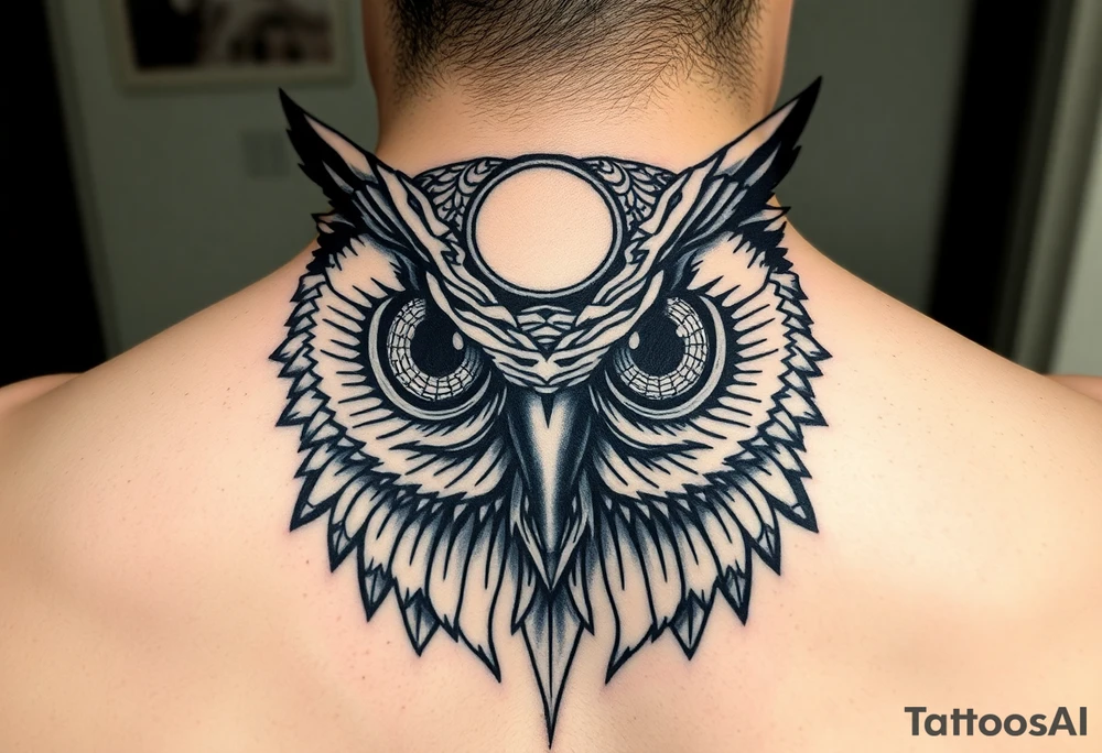 Owl head with large intense tripping on acid colored eyes without pupils, cyberpunk style  and geometry and glowing circle on the forheadl tattoo idea