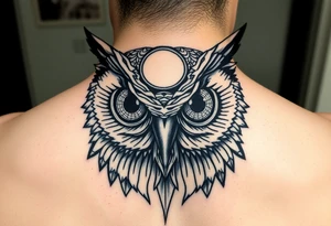 Owl head with large intense tripping on acid colored eyes without pupils, cyberpunk style  and geometry and glowing circle on the forheadl tattoo idea