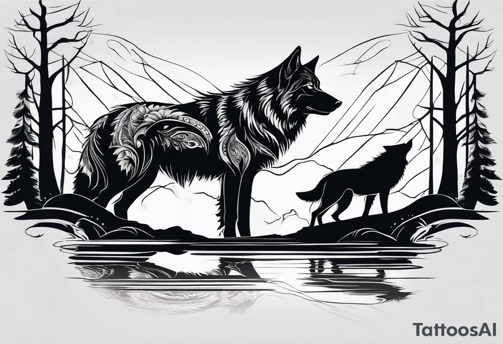 Black wolf reflection to white wolf tattoo idea
